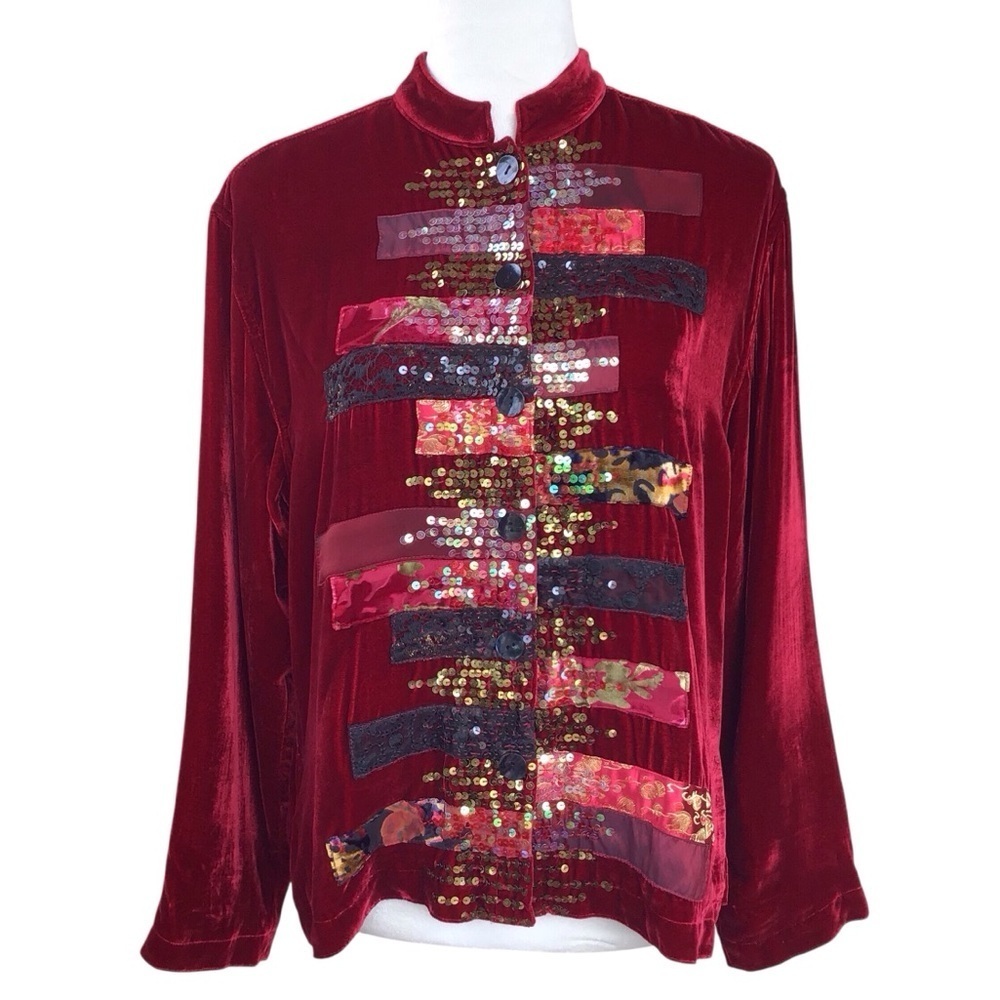 Chico’s Velvet Silk Patchwork Long Sleeve Jacket Size Chi…